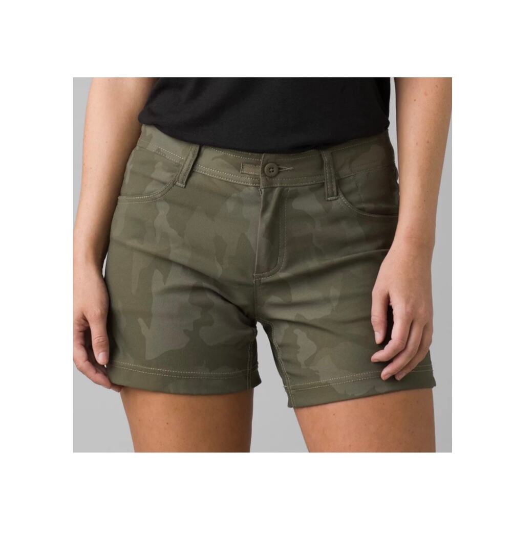 Prana Shorts Womens 12 Green Halle Camo 5" Nylon Blend Hiking Camp Gorpcore Trek